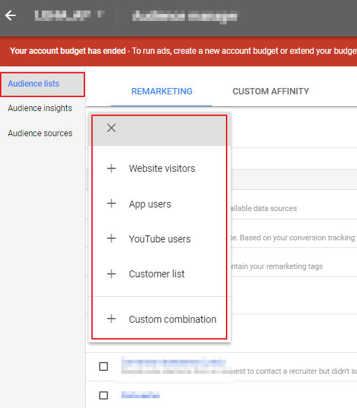audience lists - remarketing 1 잠재고객 추가