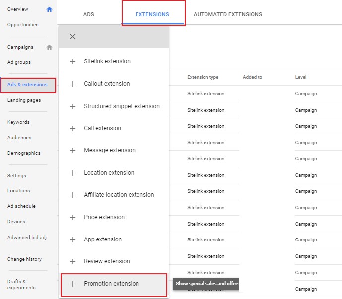 how to add promotion extension 프로모션 광고 확장 추가하기
