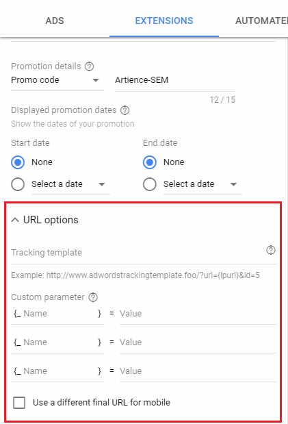 promotion extension - URL options 프로모션 광고 확장 URL
